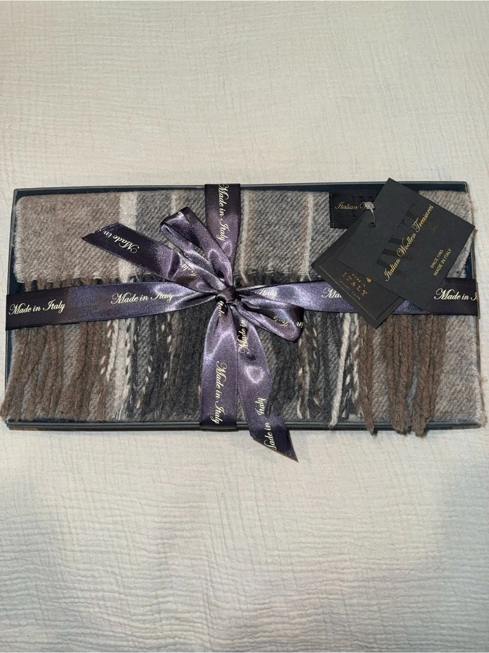 Italian Woollen Treasures Scarf 100% Wool Made in Italy Black Gray Men's Scarf